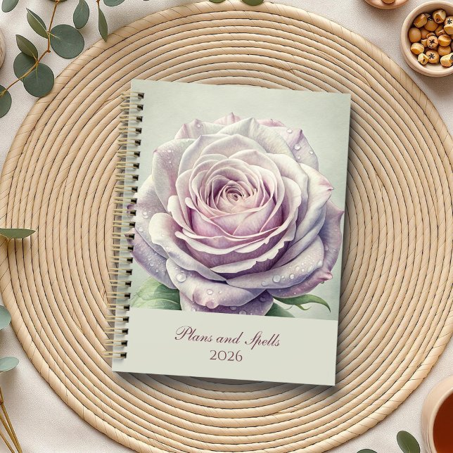 Enchanted Moonlit Rose Planner (Enchanted Moonlit Rose Planner on a boho table with botanicals and a cup of tea.)