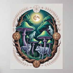 Enchanted Moonlit Wolves and Psychedelic Mushrooms Poster