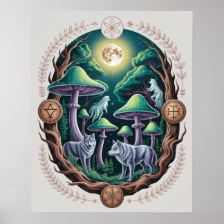 Enchanted Moonlit Wolves and Psychedelic Mushrooms Poster