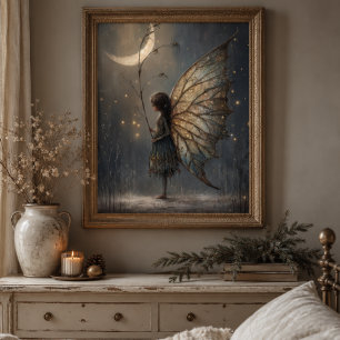 Enchanted Moonlit Woodland Fairy Watercolor Art Poster