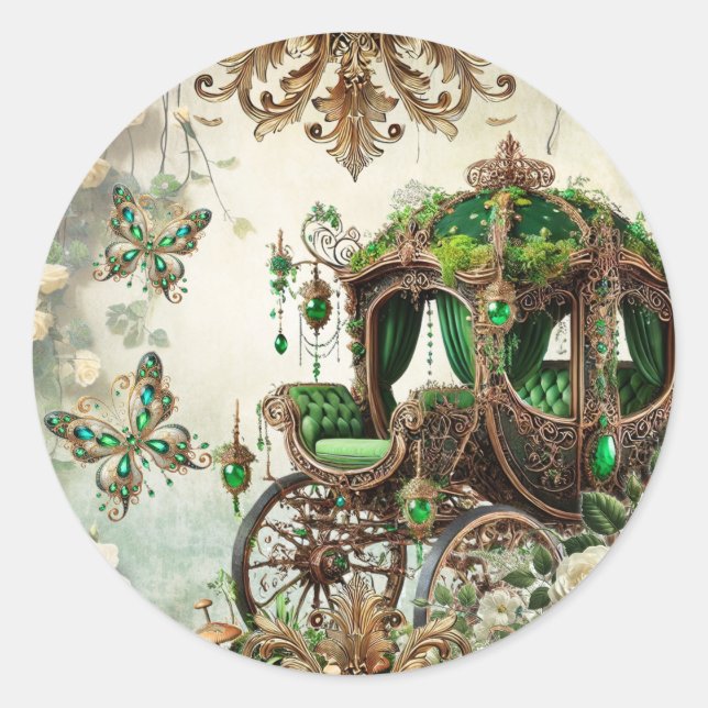 Enchanted Moss & Moonlight Emerald Carriage Sticke Classic Round Sticker (Front)