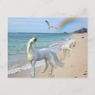 Enchanted Mother Unicorn and Foal Baby at Beach Postcard