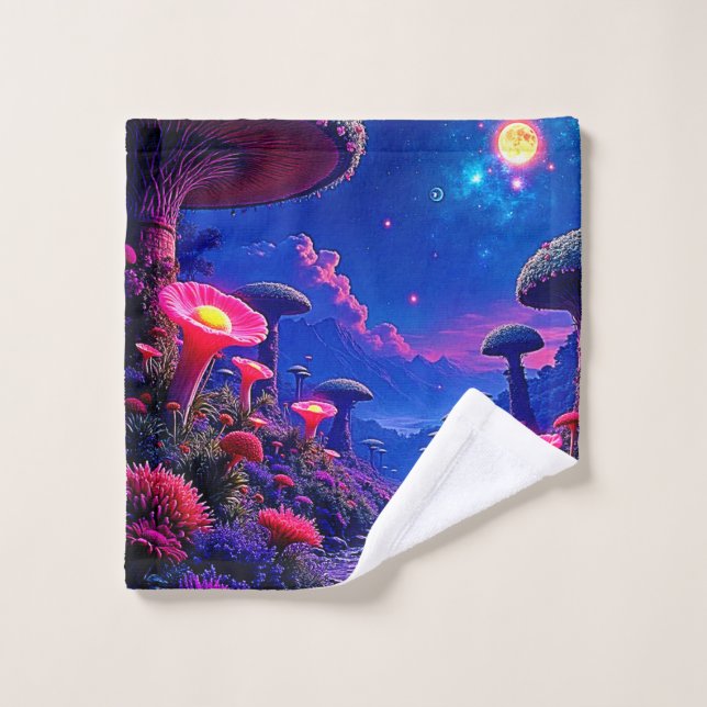 Enchanted Mushroom Forest Night Design Bath Towel Set (Wash Cloth)