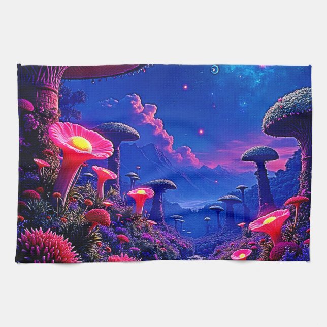 Enchanted Mushroom Forest Night Design Tea Towel (Horizontal)