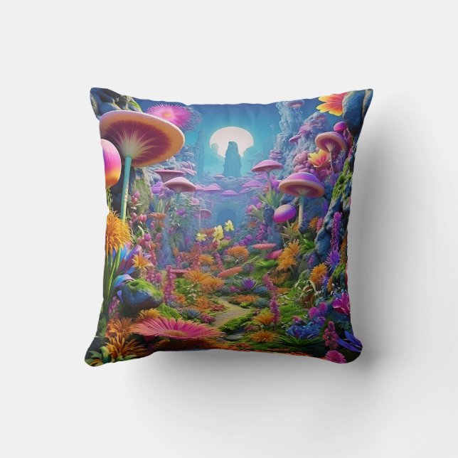 Enchanted Mushroom Forest – Vibrant Fantasy Fungi Cushion (Back)