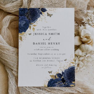 Enchanted Navy Blue Roses & Gold Wedding Invitation