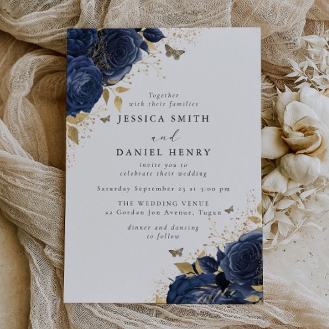 Enchanted Navy Blue Roses & Gold Wedding Invitation (Creator Uploaded)