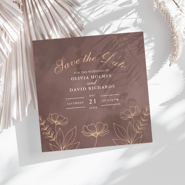 Enchanted Neutral Blossoms Save The Date Card (Enchanted Neutral Blossoms Save The Date Card on a white boho table with dry palm leaf.)