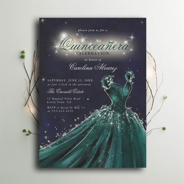 Enchanted Night Fairy Tale Princess Quinceanera Invitation (enchanted quinceanera princess dress invitation emerald green navy sparkles calligraphy)