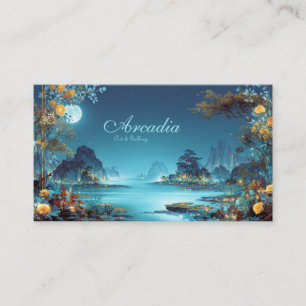 Enchanted Night Landscape Gold Floral Moon Lake Business Card