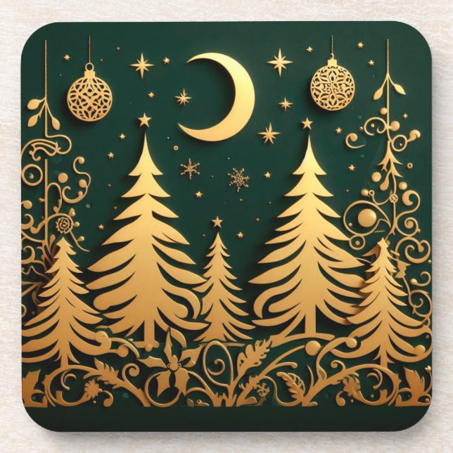 Enchanted Night – Moonlit Christmas Tree Pattern Coaster (Front)