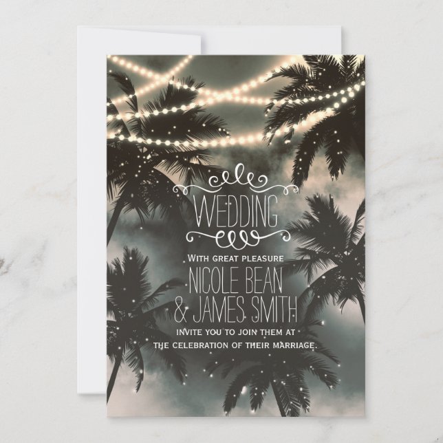 Enchanted Night Sky Palm Trees & String Lights Invitation (Front)