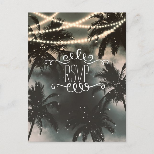 Enchanted Night Sky Palm Trees & String Lights Invitation Postcard (Front)