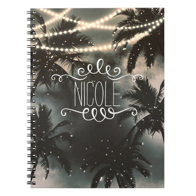 Enchanted Night Sky Palm Trees & String Lights Notebook (Front)