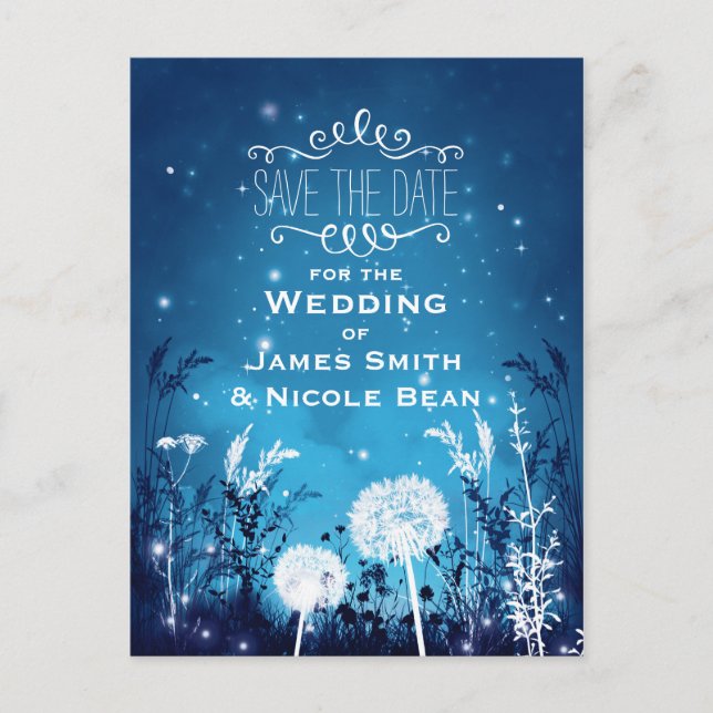 Enchanted Night Sky Stars & Foliage Blue Save Date Announcement Postcard (Front)