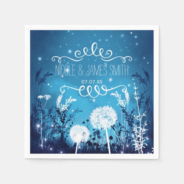 Enchanted Night Sky Stars & Foliage Blue Wedding Napkin (Front)