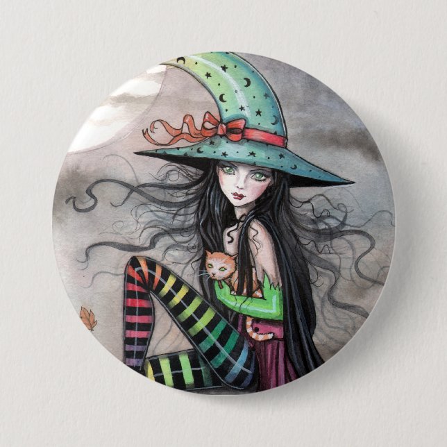 Enchanted October Witch Tabby Cat Pinback Button (Front)
