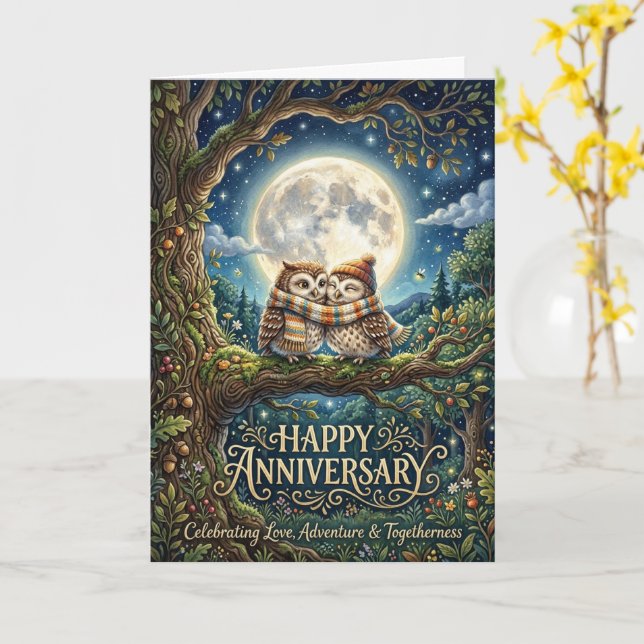 Enchanted Owl Couple Full Moon Anniversary Card (Yellow Flower)