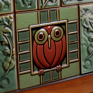 Enchanted Owl in a Box Arts & Crafts Movement Ceramic Tile