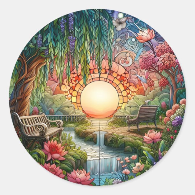 Enchanted Park Stained Glass Mosaic  Classic Round Sticker (Front)
