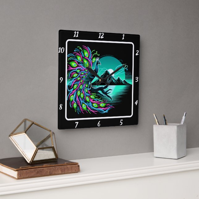 Enchanted Peacock Artistry Square Wall Clock (Office)