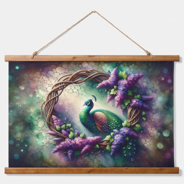 Enchanted Peacock Floral Wreath Hanging Tapestry (Front)