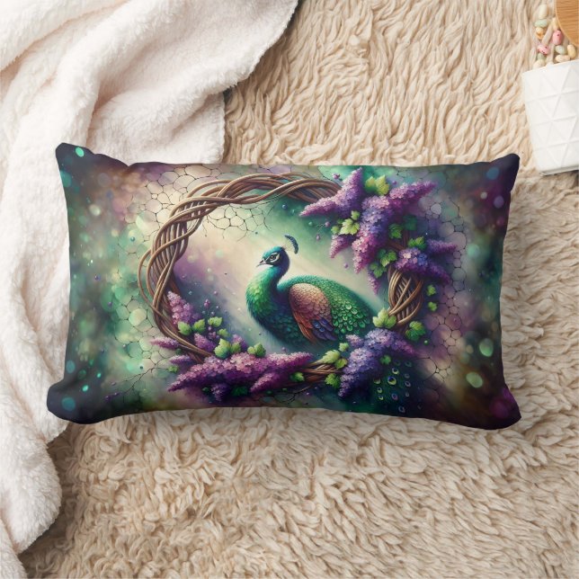 Enchanted Peacock Floral Wreath Lumbar Cushion (Blanket)