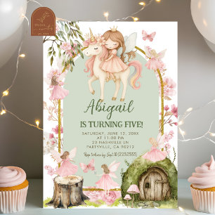 Enchanted Pink Fairy and Unicorns Forest Birthday Invitation