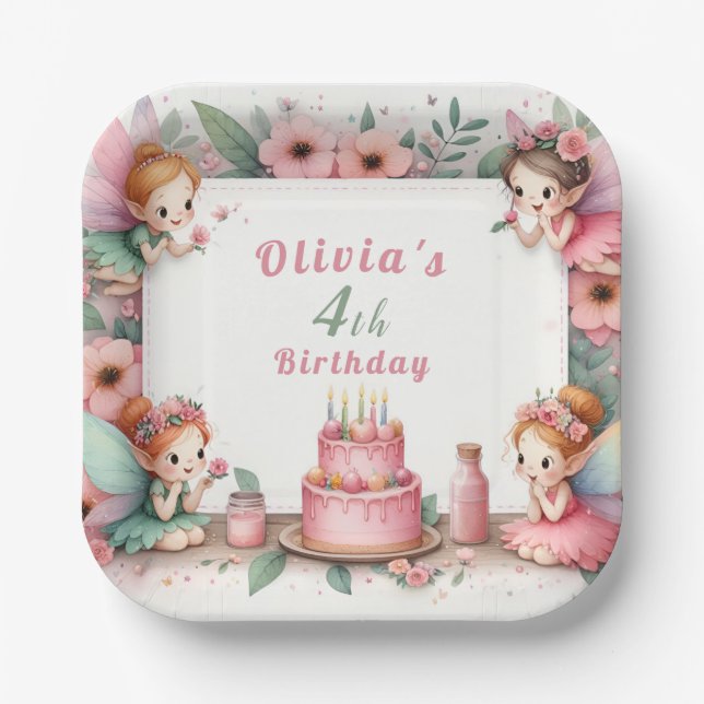 Enchanted Pink Fairy garden - Birthday  Paper Plate (Front)
