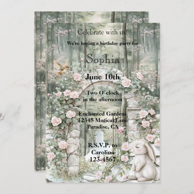 Enchanted Pink Floral Garden Bunny Birthday Invitation (Front/Back)