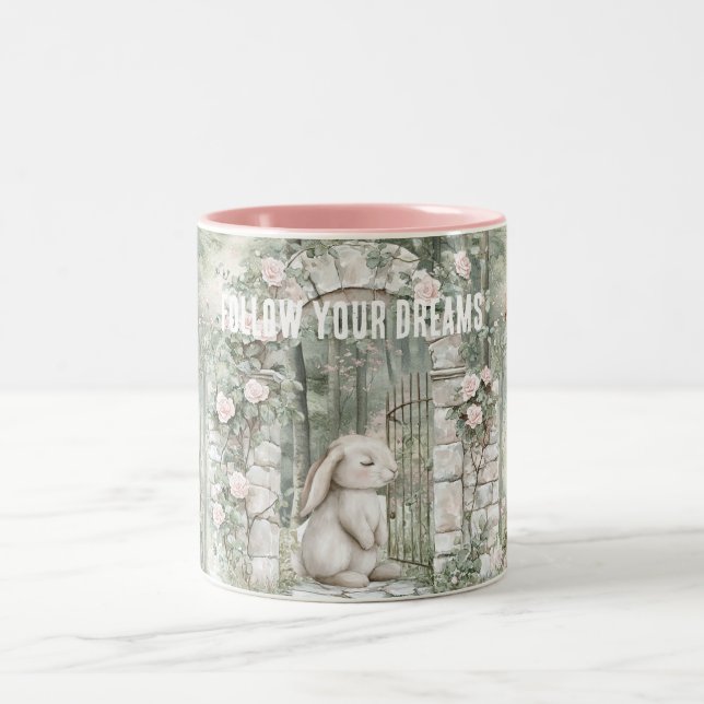 Enchanted Pink Floral Garden Bunny Dreams Two-Tone Coffee Mug (Center)