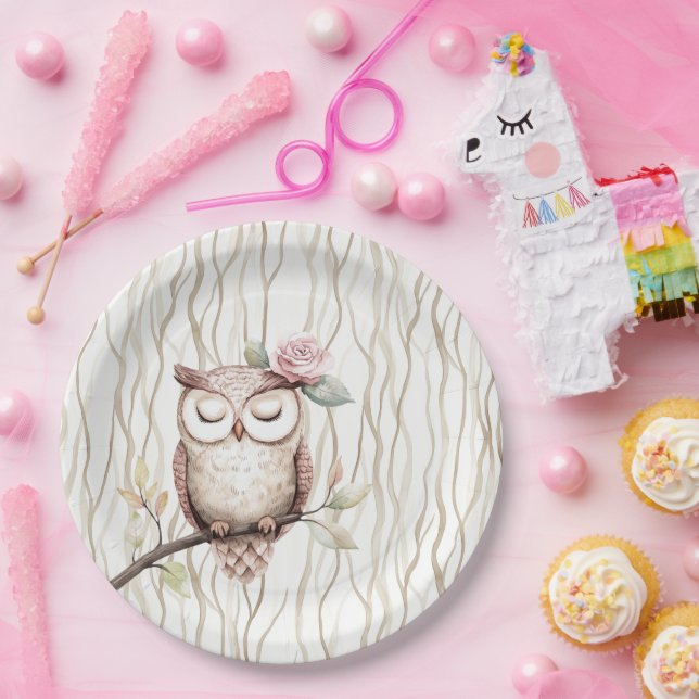 Enchanted Pink Flower Owl Birthday Paper Plate (Party)