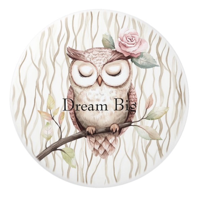 Enchanted Pink Flower Owl Ceramic Knob (Front)
