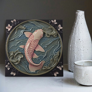 Enchanted Pink Karp in a Pond with Waterlilies Ceramic Tile