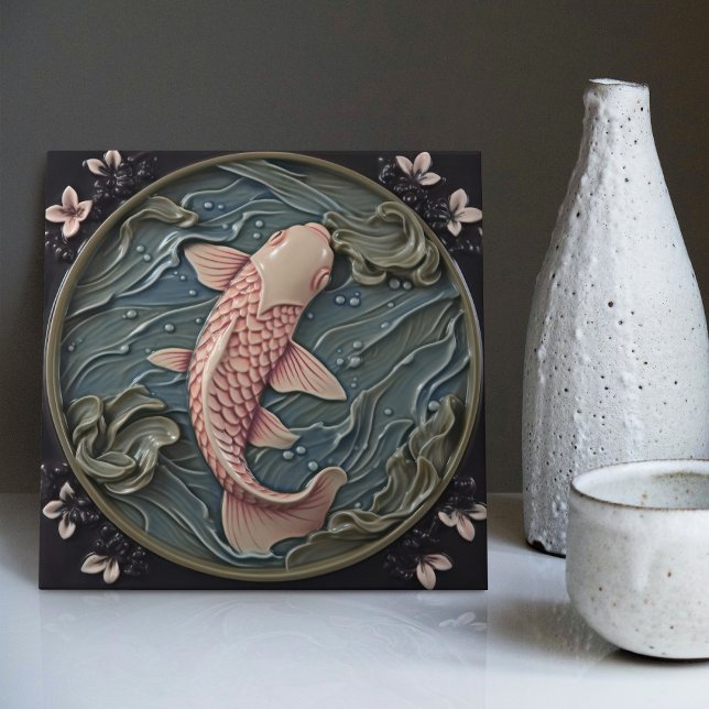Enchanted Pink Karp in a Pond with Waterlilies Ceramic Tile (Creator Uploaded)