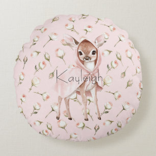  Enchanted Pink Roses Floral Deer   Round Cushion