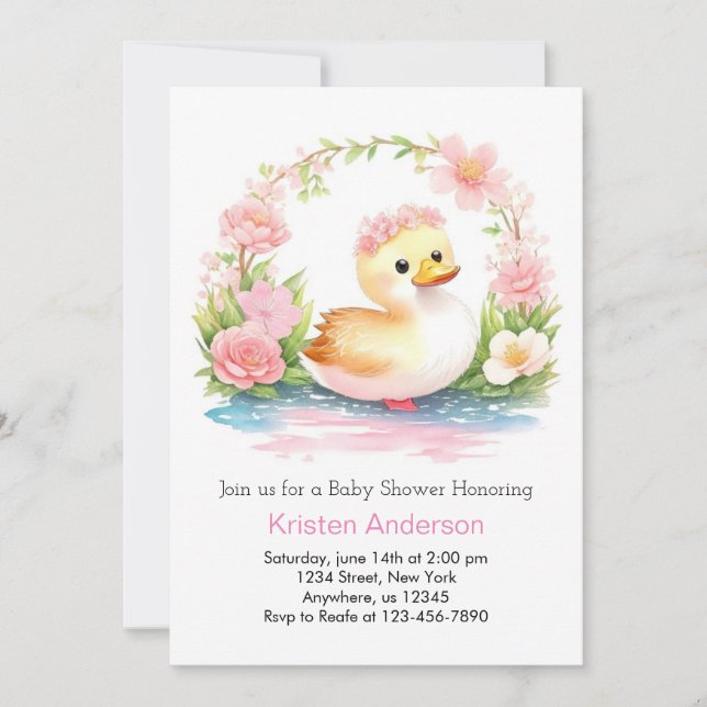 Enchanted Pink Wildflowers Duck Girl Baby Shower Invitation (Front)