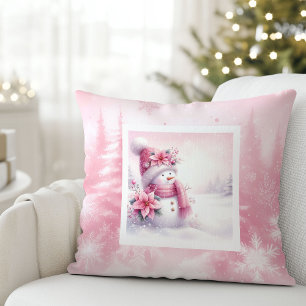 Enchanted Pinkmas Pillow Snowman Winter Magic