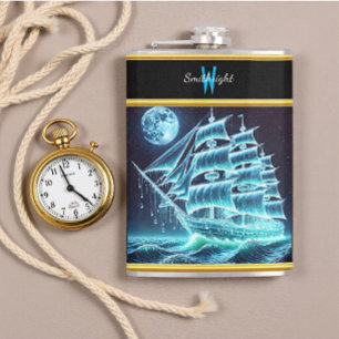 Enchanted Pirate Ship Sailing Under Glowing Moon Hip Flask