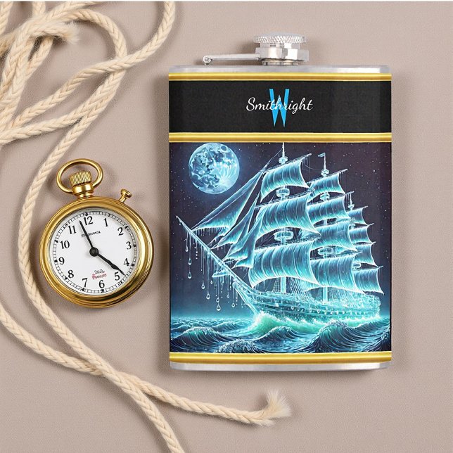 Enchanted Pirate Ship Sailing Under Glowing Moon Hip Flask (Creator Uploaded)