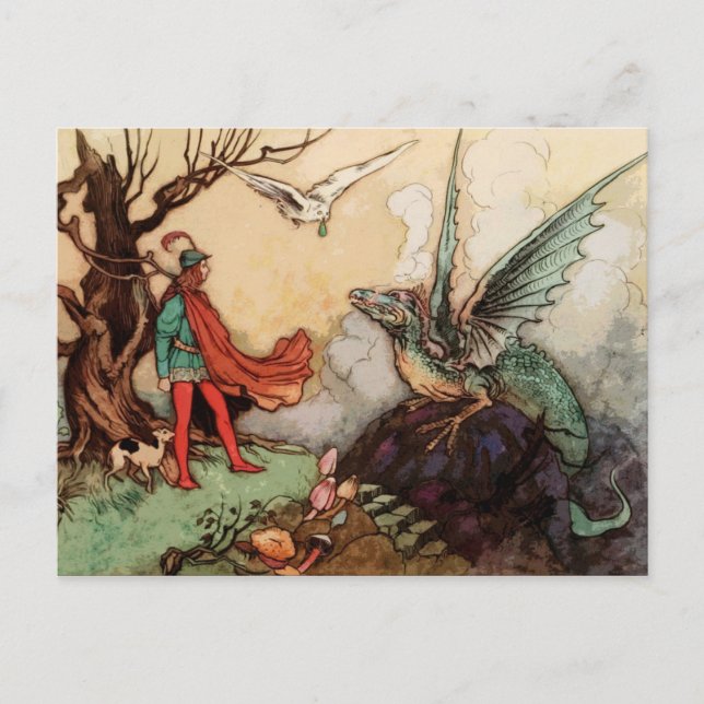 Enchanted Prince & Dragon Vintage Fairy Tale Postcard (Front)