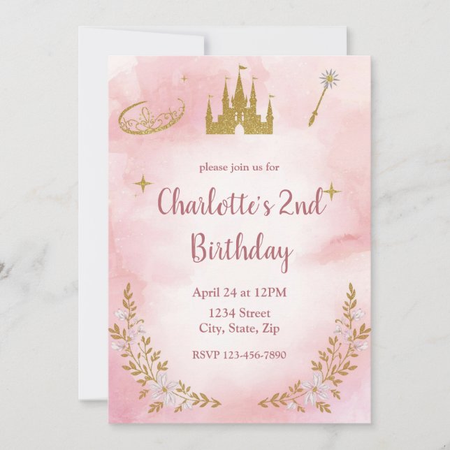 Enchanted Princess Birthday Invitation Pastel Pink (Front)