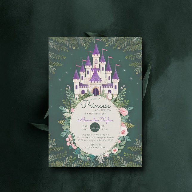 Enchanted Princess Castle Roses Baby Girl Shower Invitation (princess girl baby shower invitation enchanted forest magical castle roses greenery frame)