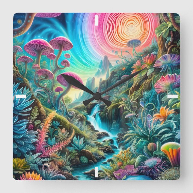 Enchanted Psychedelic Dreamscape Square Wall Clock (Front)