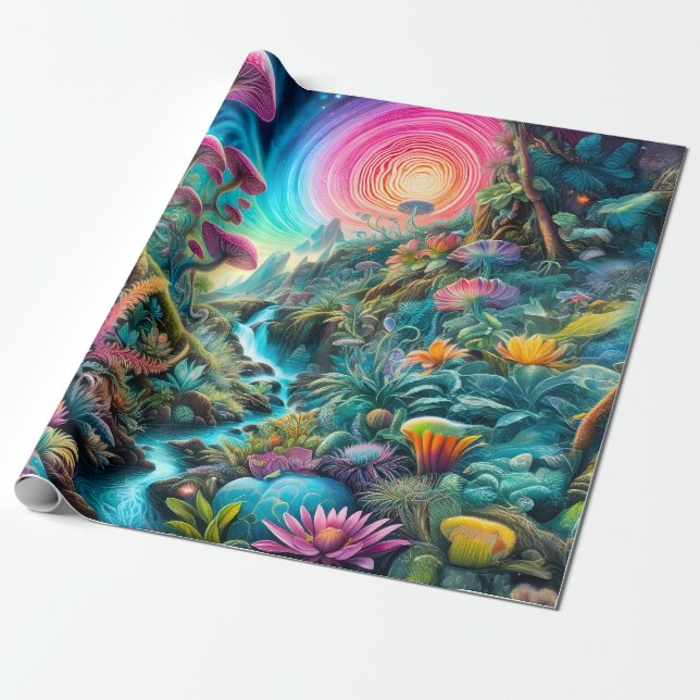 Enchanted Psychedelic Dreamscape Wrapping Paper (Unrolled)