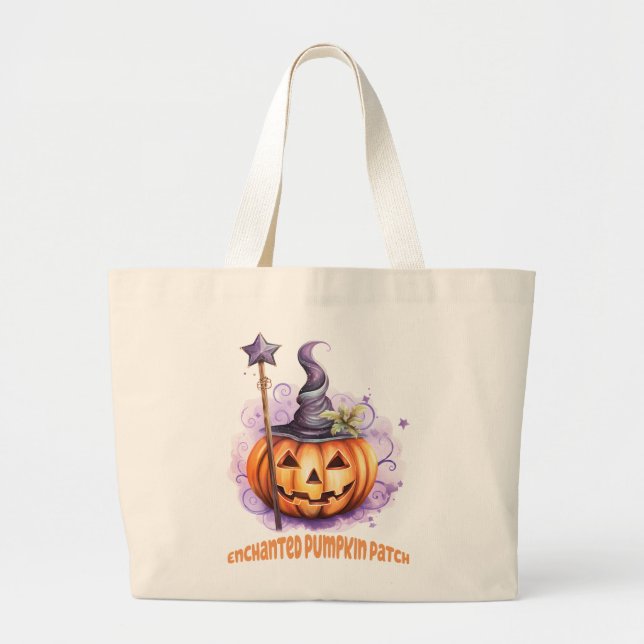 Enchanted Pumpkin Patch – Cute Jack-o’-Lantern Large Tote Bag (Front)
