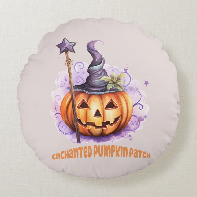 Enchanted Pumpkin Patch – Cute Jack-o’-Lantern Round Cushion (Front)