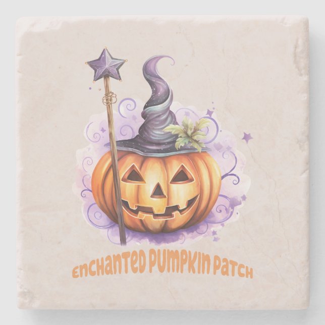 Enchanted Pumpkin Patch – Cute Jack-o’-Lantern Stone Coaster (Front)