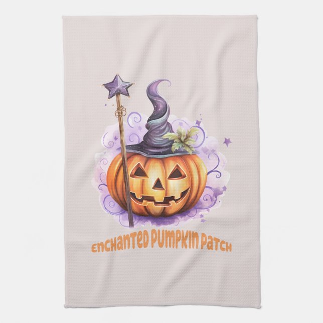Enchanted Pumpkin Patch – Cute Jack-o’-Lantern Tea Towel (Vertical)