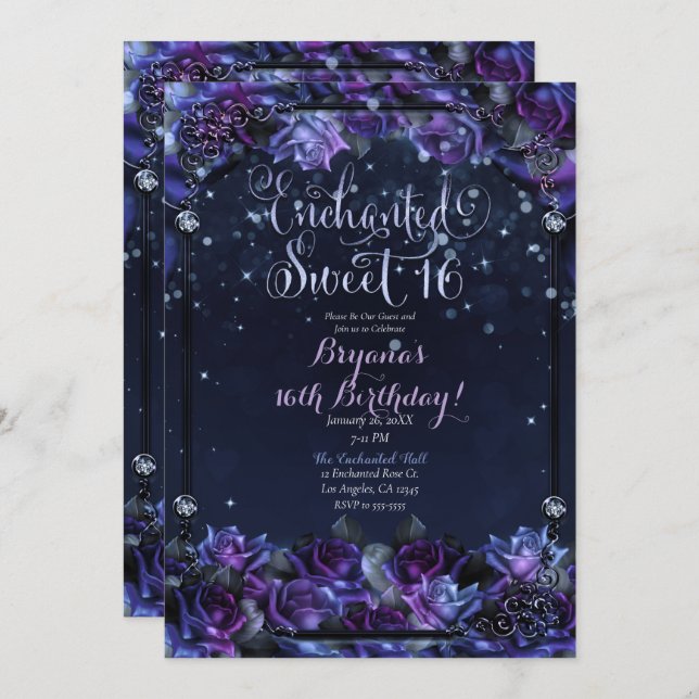 Enchanted Purple Fantasy Roses 16th Sweet 16 Party Invitation (Front/Back)